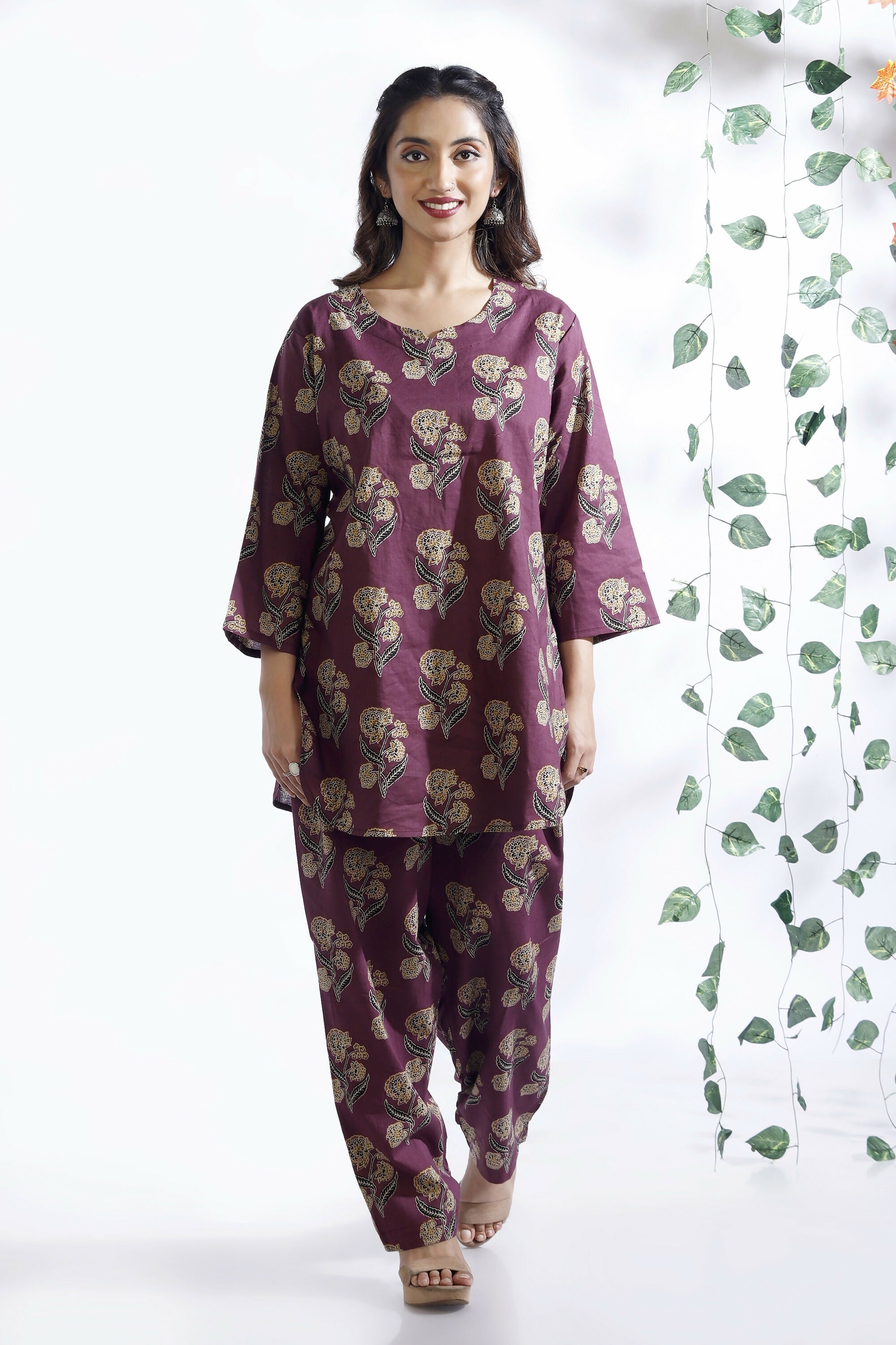 Breathables Wine Butta Cotton Co-Ord Set – Kurta With Straight Pants | Grocsy