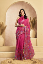 Vastranavya Pink Digital Printed Linen Ready To Wear Designer Saree with Unstitched Blouse | Grocsy