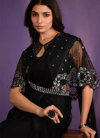 Black Crepe Satin Silk Embroidered Saree With Stitched Blouse - Mohmanthan Exotica | Grocsy