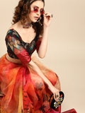 Saree Mall Red & Black Organza Printed Saree | Grocsy