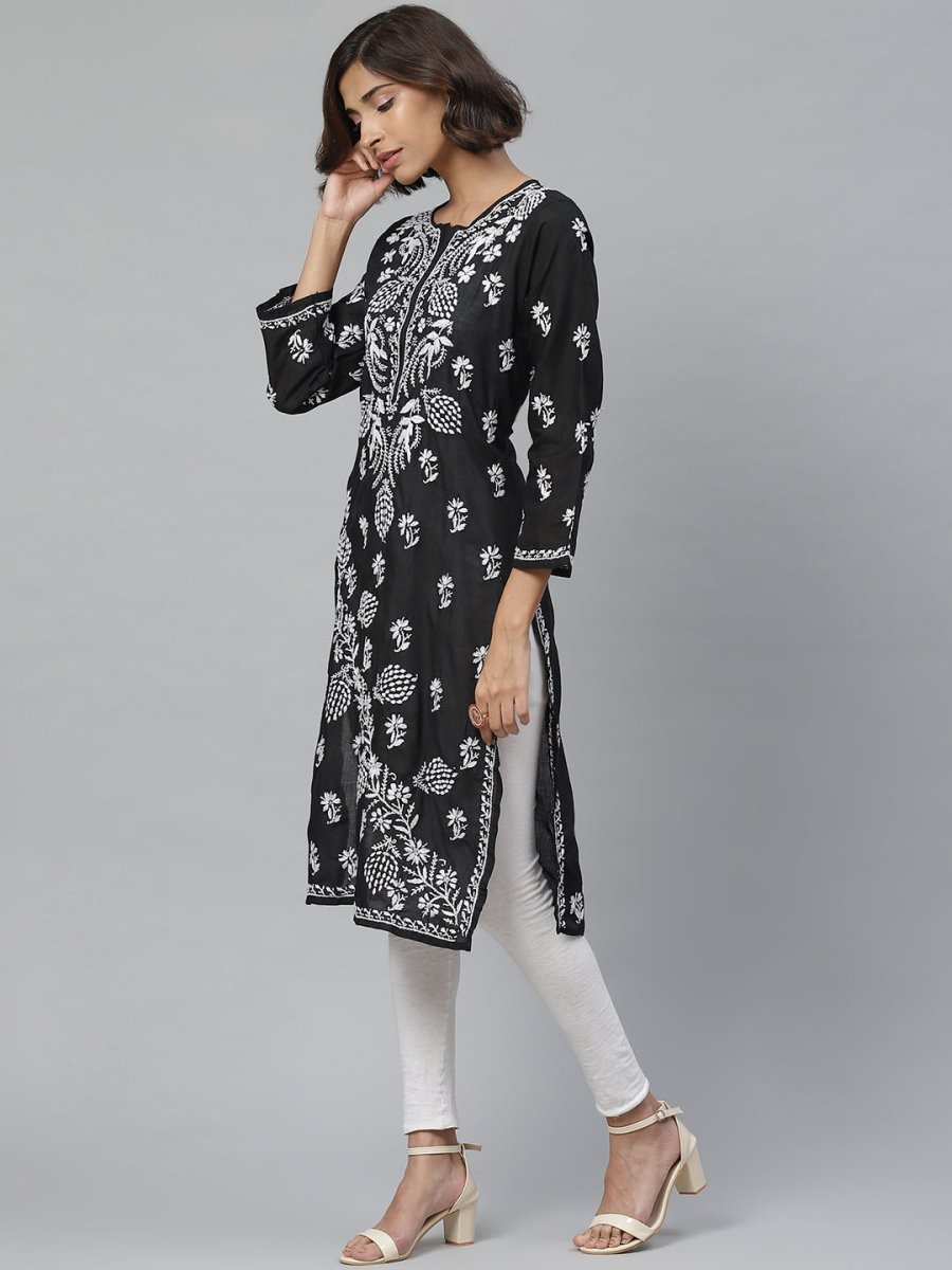 ADA Women Black & White Chikankari Embroidered Straight Sustainable Handloom Kurta | Grocsy