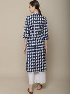 Sangria Women Navy Blue & White Geometric Printed Kurta | Grocsy