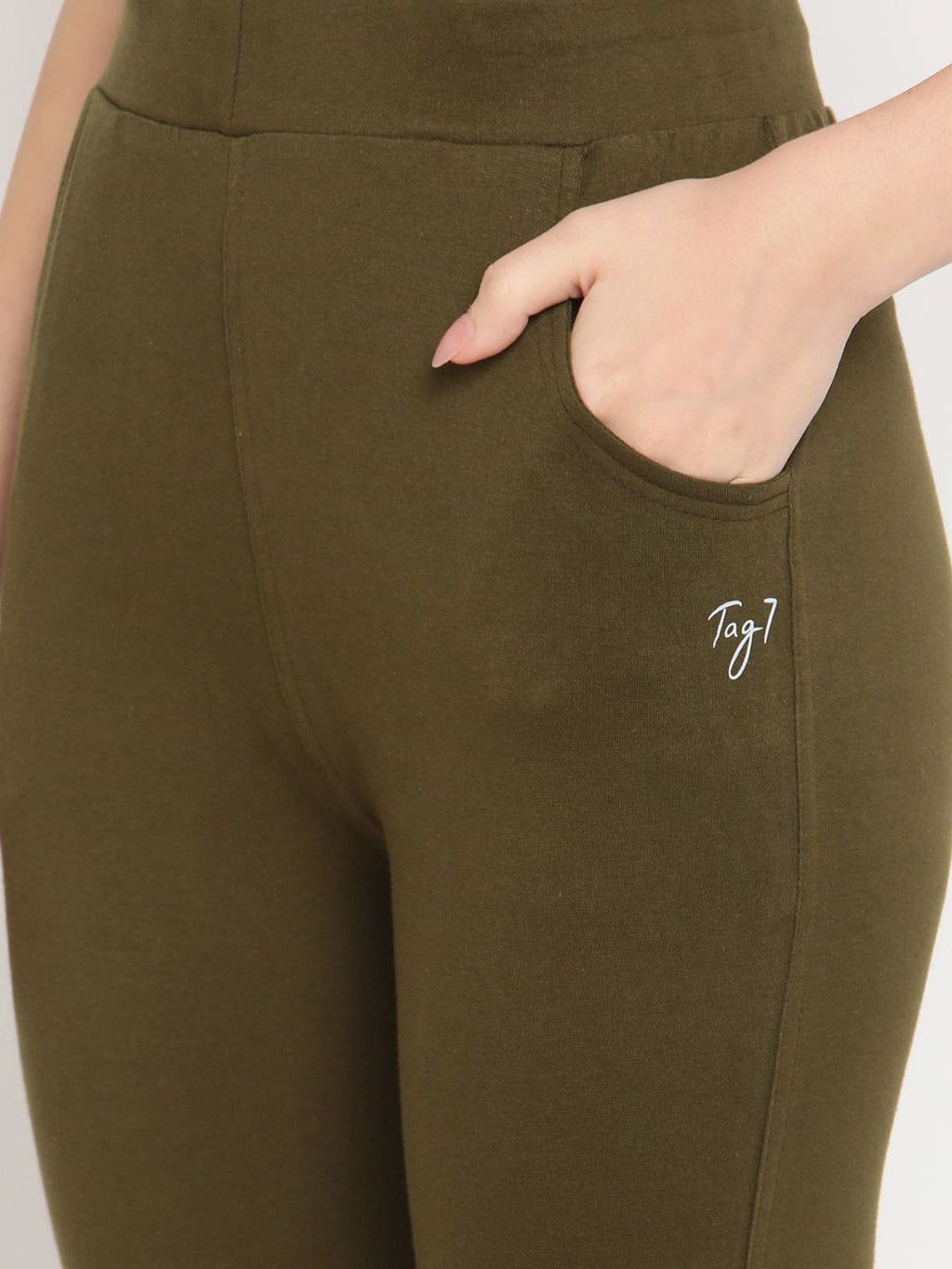 TAG 7 Women Pack Of 2 Olive and Pink Solid Comfort Fit Ankle-Length Leggings | Grocsy