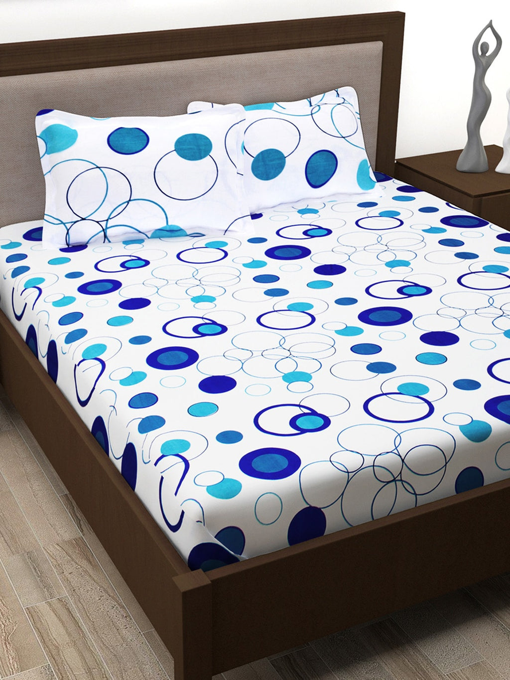Story@home White & Blue Geometric 186 TC Cotton 1 Queen Bedsheet with 2 Pillow Covers | Grocsy