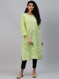 ADA Women Green & White Ethnic Motifs Chikankari Hand Embroidered Sustainable Kurta | Grocsy