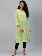 ADA Women Green & White Ethnic Motifs Chikankari Hand Embroidered Sustainable Kurta | Grocsy