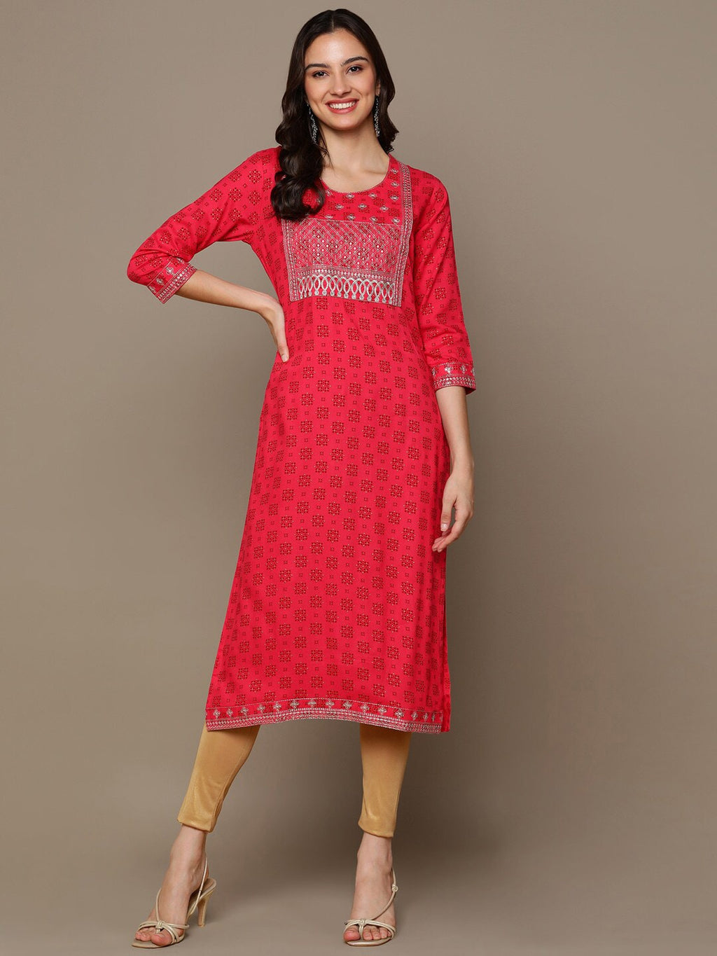 HERE&NOW Ethnic Motifs Printed Sequined Embroidered Straight Kurta | Grocsy