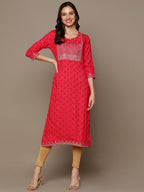 HERE&NOW Ethnic Motifs Printed Sequined Embroidered Straight Kurta | Grocsy