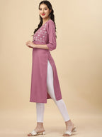 HERE&NOW Mauve & Biege Ethnic Motifs Embroidered Yoke Design Mirror Work Kurta | Grocsy