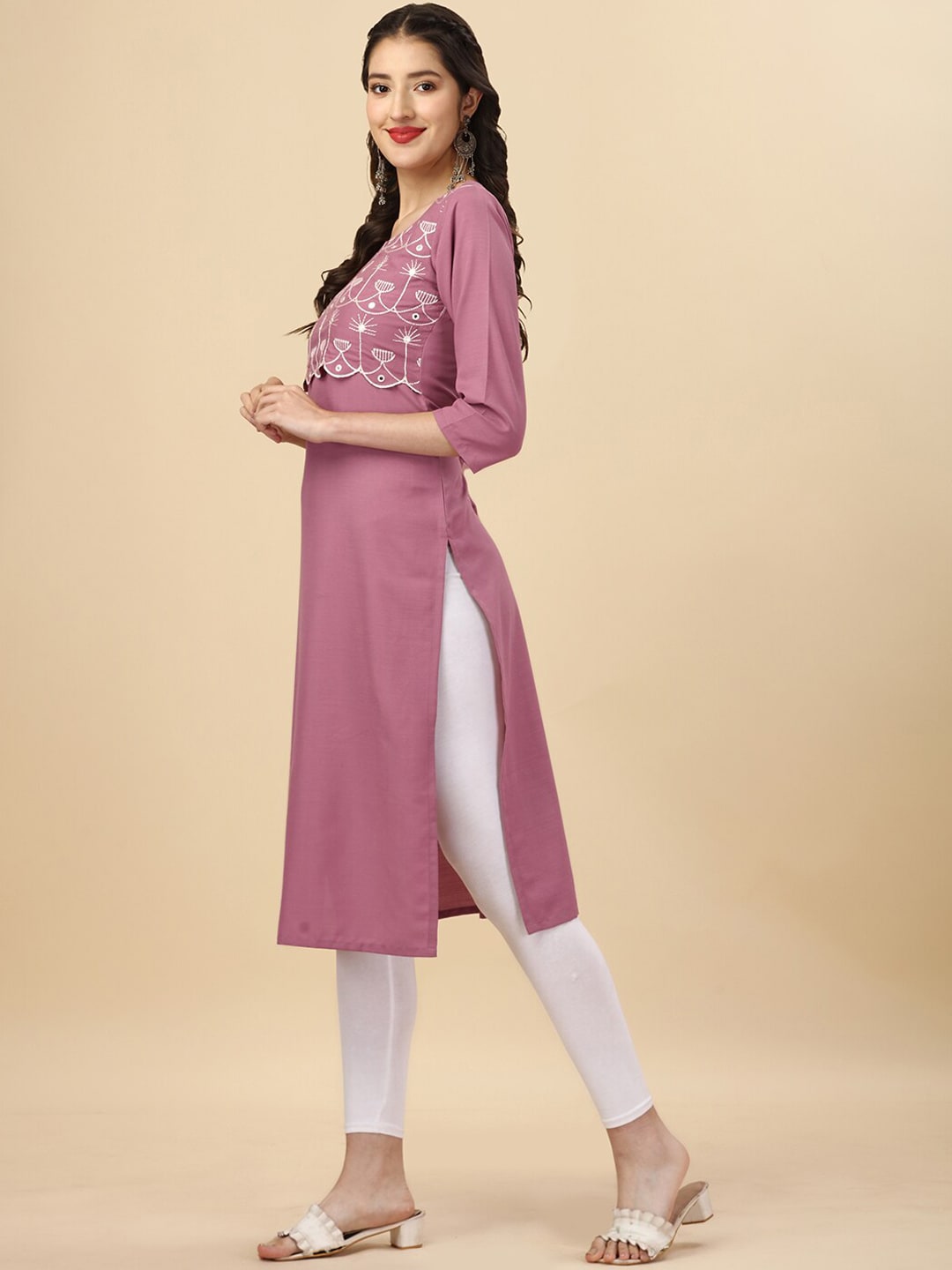 HERE&NOW Mauve & Biege Ethnic Motifs Embroidered Yoke Design Mirror Work Kurta | Grocsy