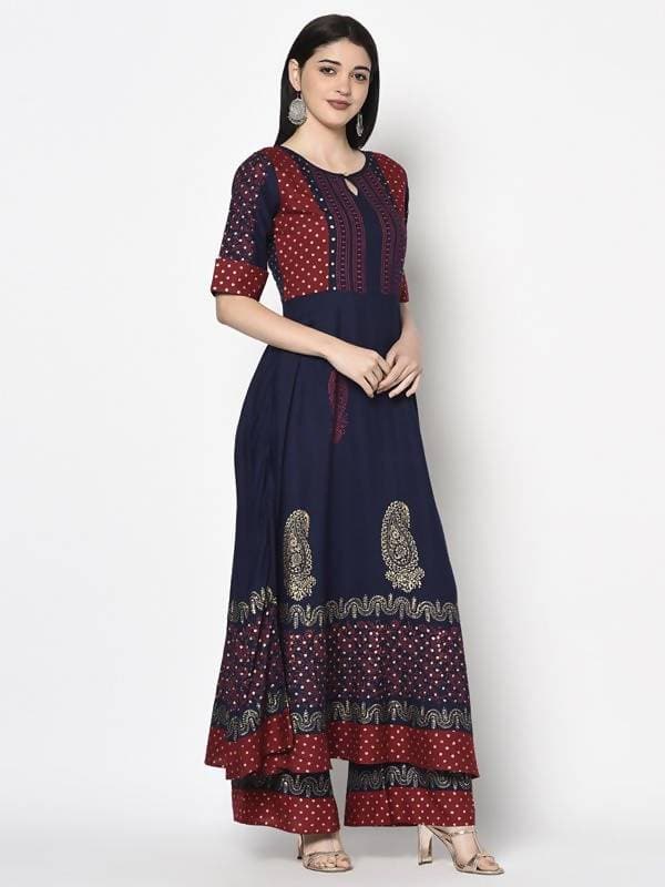 Aniyah Rayon Navy Blue Color Block Print Anarkali kurta (AN-177K) | Grocsy
