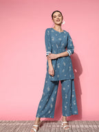 Sangria Women Blue Ethnic Motifs Printed Empire Pure Cotton Kurta with Palazzos | Grocsy