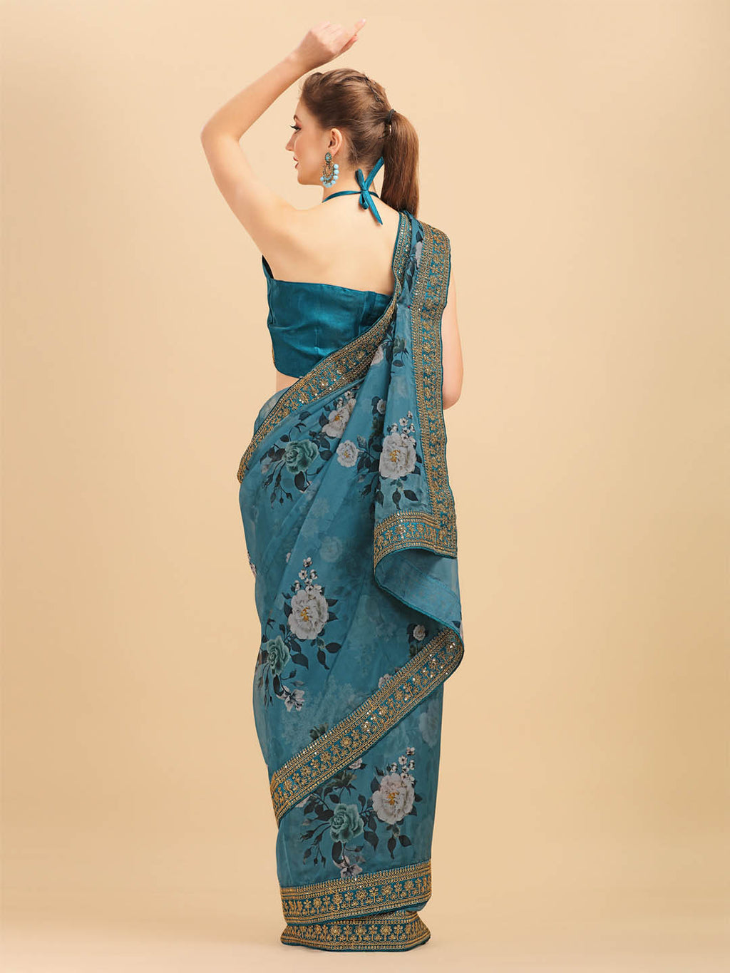 Sangria Teal & White Floral Embroidered Organza Saree | Grocsy