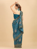 Sangria Teal & White Floral Embroidered Organza Saree | Grocsy
