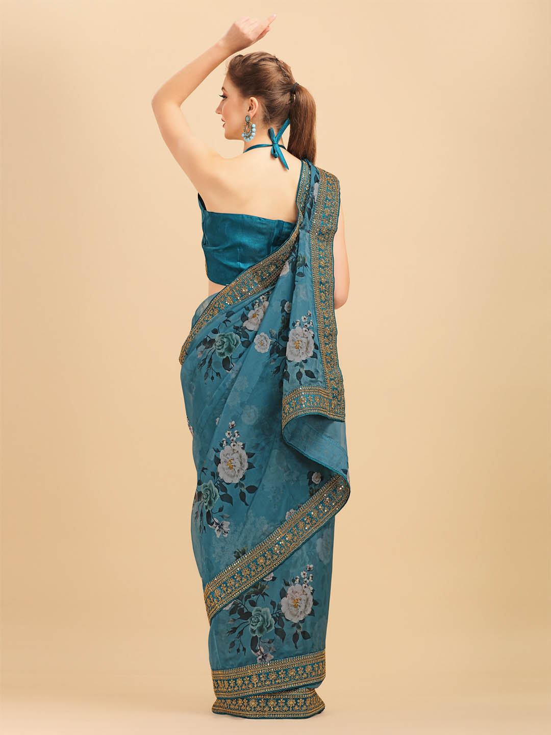 Sangria Teal & White Floral Embroidered Organza Saree | Grocsy