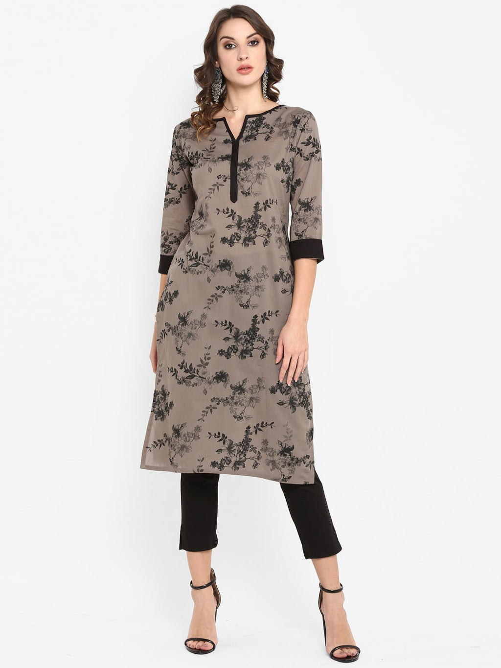 Janasya Women Taupe & Black Printed Straight Kurta | Grocsy