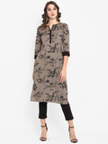 Janasya Women Taupe & Black Printed Straight Kurta | Grocsy