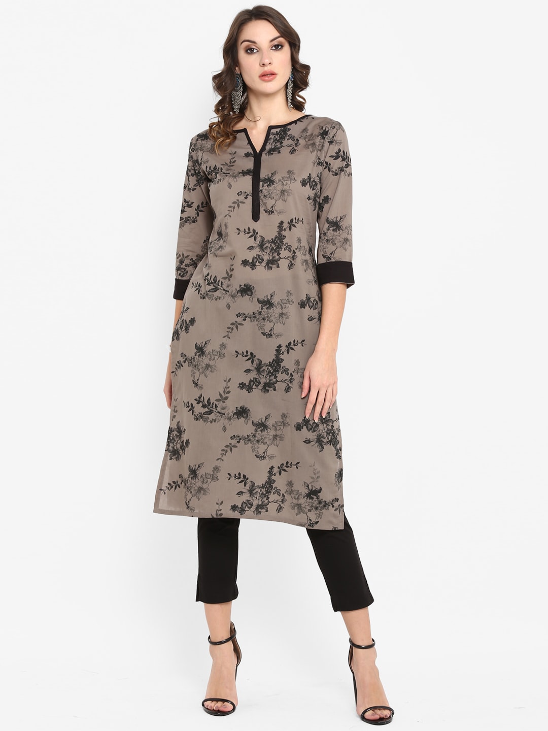 Janasya Women Taupe & Black Printed Straight Kurta | Grocsy