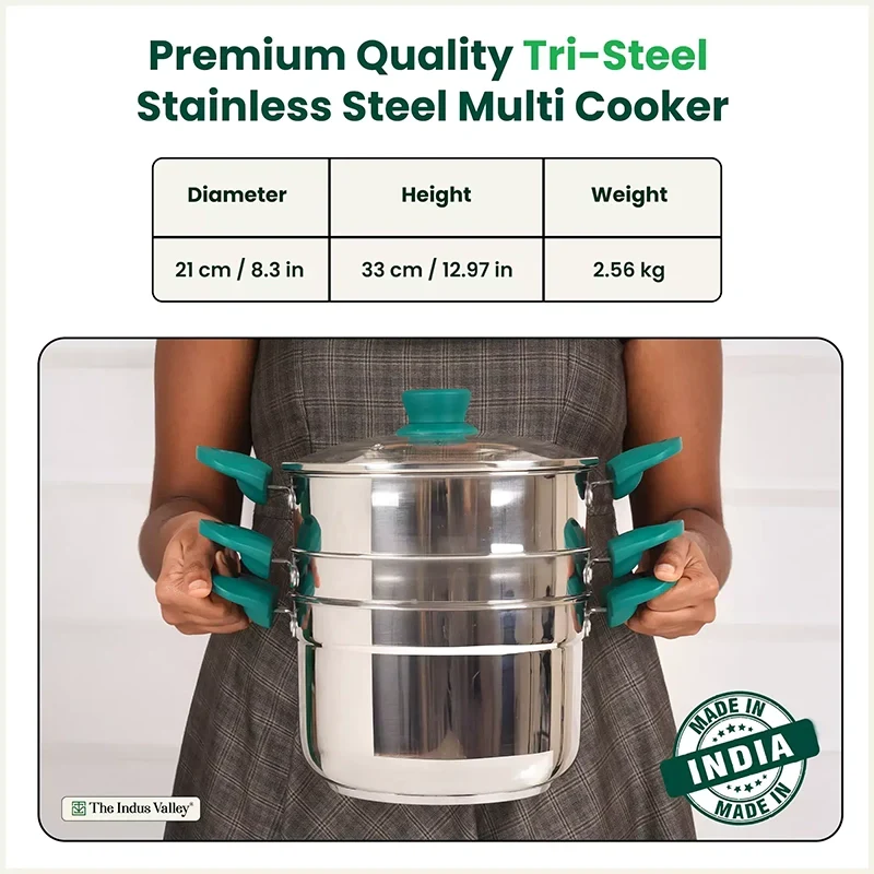 The Indus Valley Tri-steel Multi Cooker Pot Premium Stainless Steel Momo Maker/ Idiyappam/ Biryani/  Veg Steaming Set, 3 Pots, 21cm | Grocsy