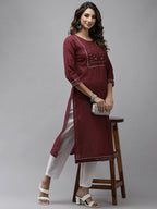 Yufta Women Maroon Yoke Design Mirror Work Cotton Kurta | Grocsy