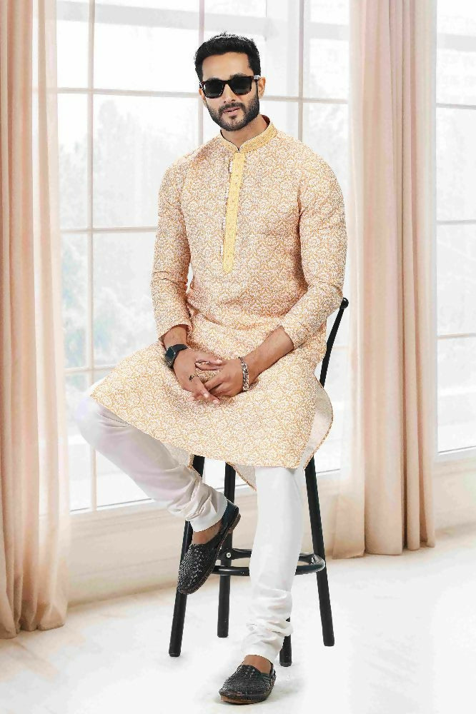 Raivat Ethnic Cotton Thread Work Kurta Pajama In Yellow Colour | Grocsy
