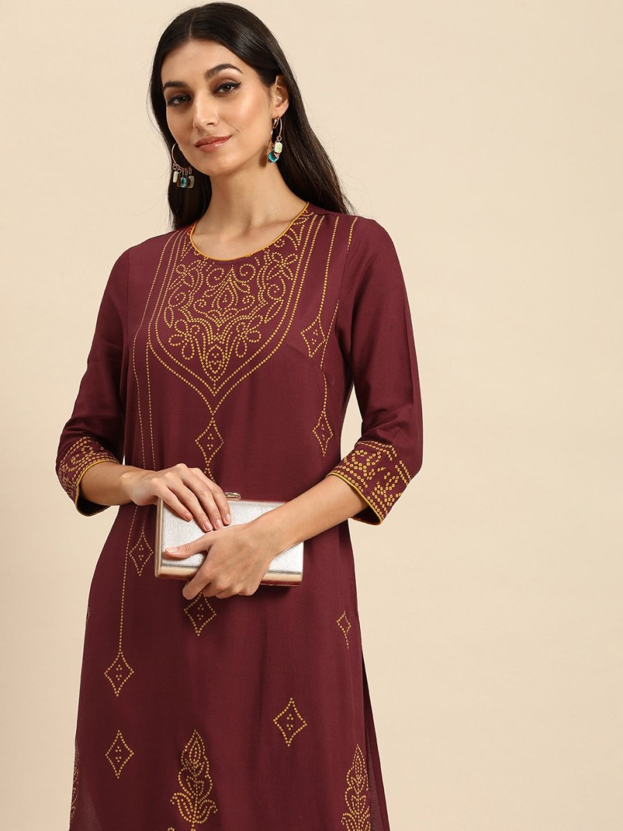 All About You Women Maroon Bandhani Printed Kurta with Trousers | Grocsy