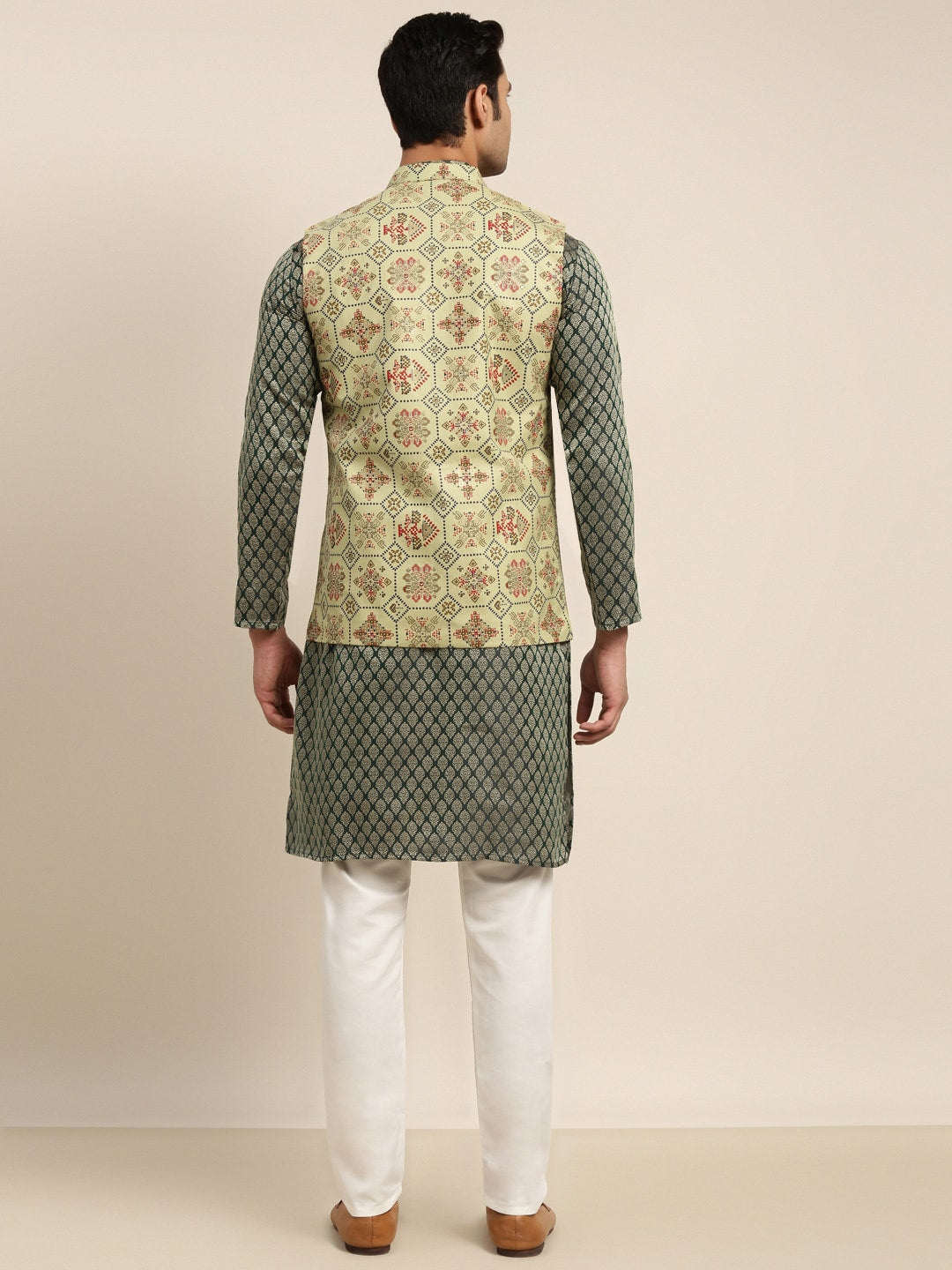 Sojanya Men Green Ethnic Motifs Kurta with Pyjama & Nehru Jacket | Grocsy