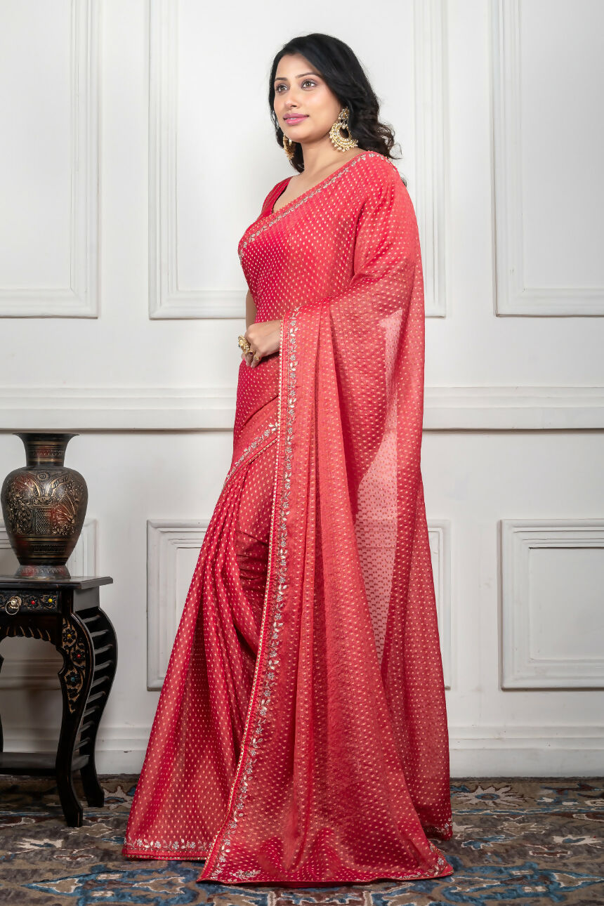 Morchari Pink Pure Chiffon Hand Embroidery Saree And Stitched Blouse | Grocsy