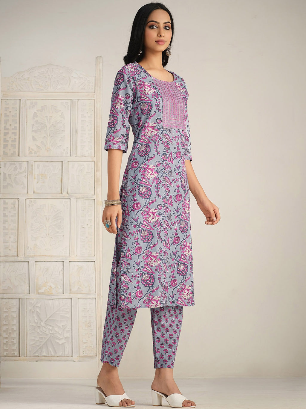 Sangria Floral Printed Gotta Patti Kurta With Trouser & Dupatta | Grocsy