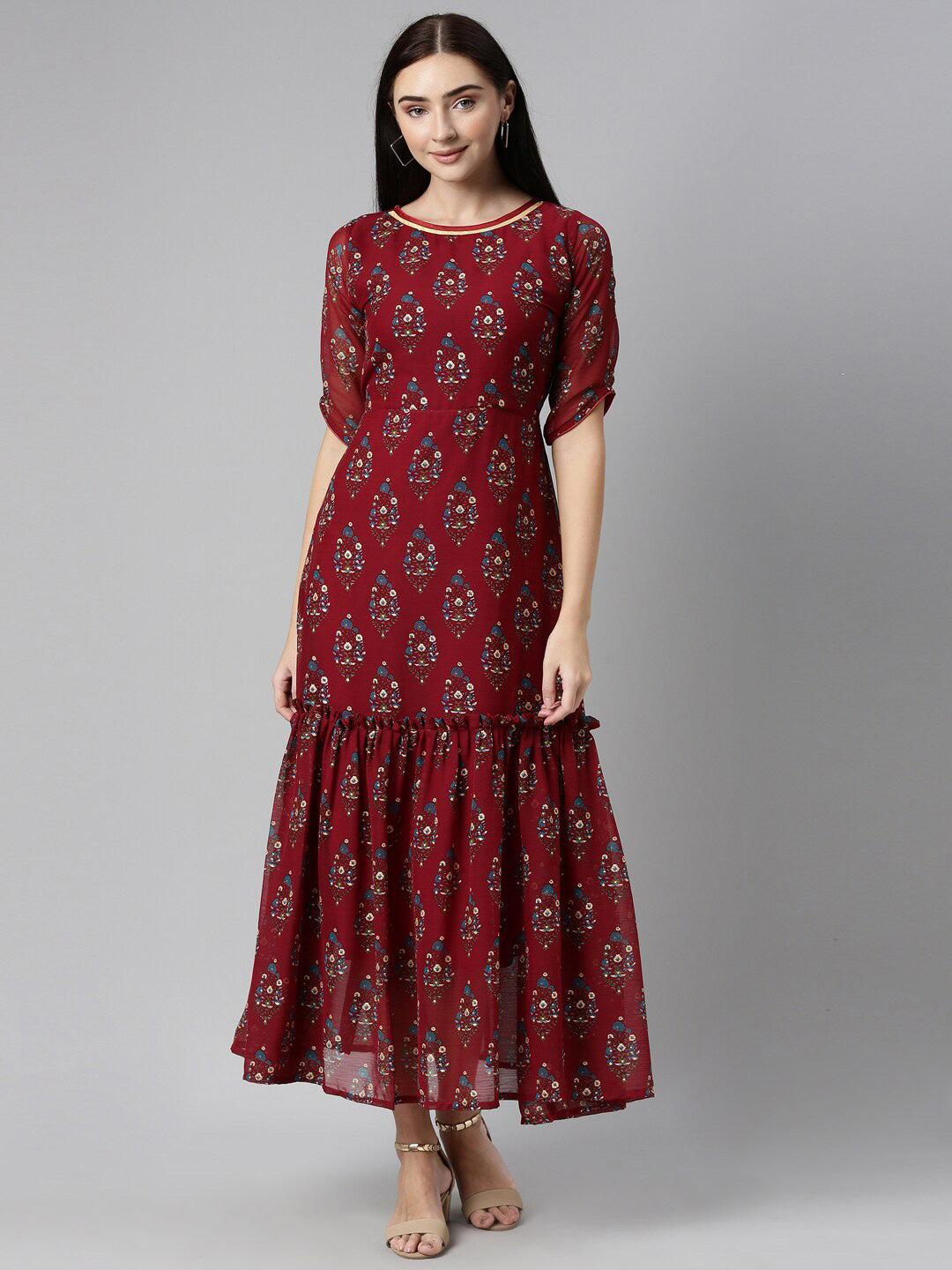 Souchii Floral Printed Boat Neck Chiffon Maxi Dress | Grocsy