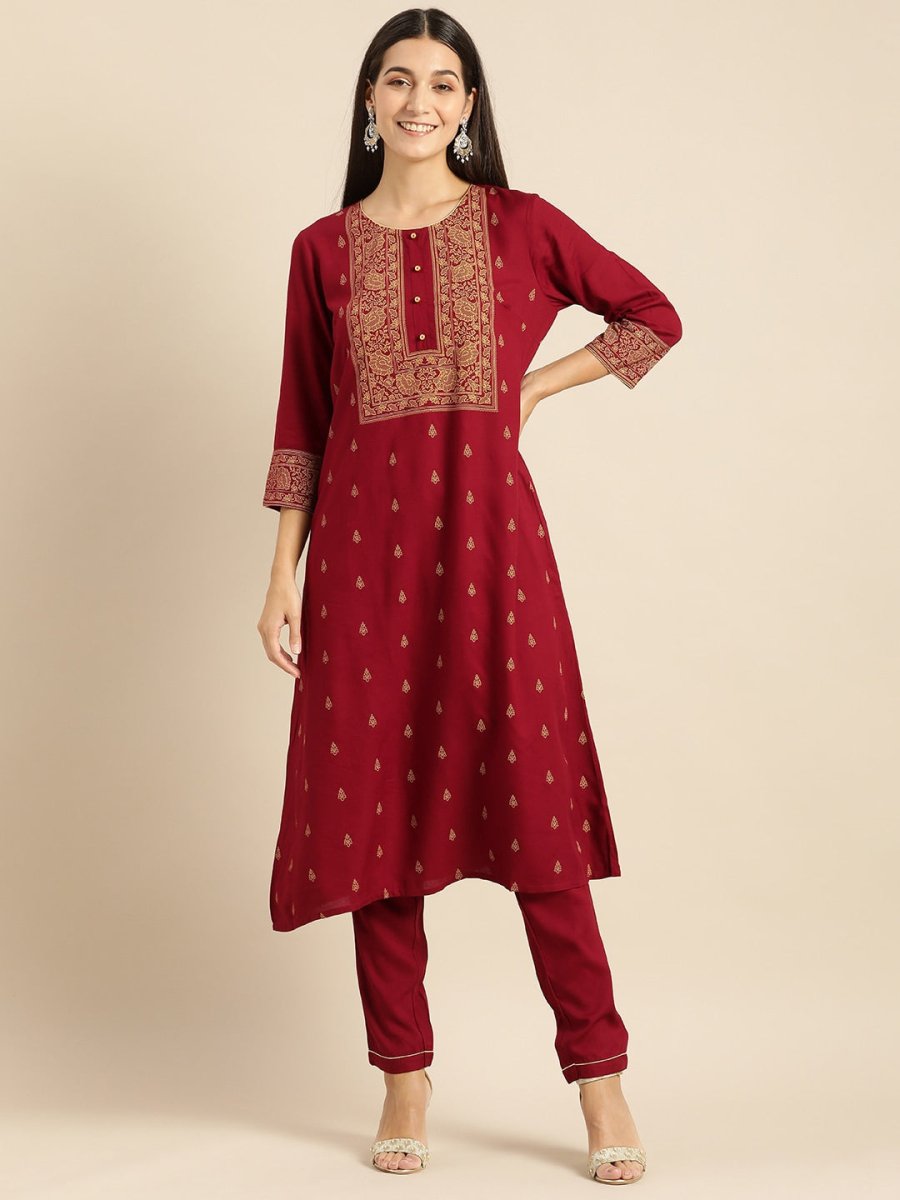 All About You Women Maroon Printed Kurta with Trousers | Grocsy
