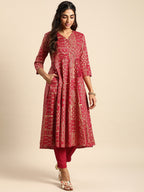 Sangria Women Ethnic Motifs Printed Angrakha Pure Cotton Kurta with Trousers | Grocsy