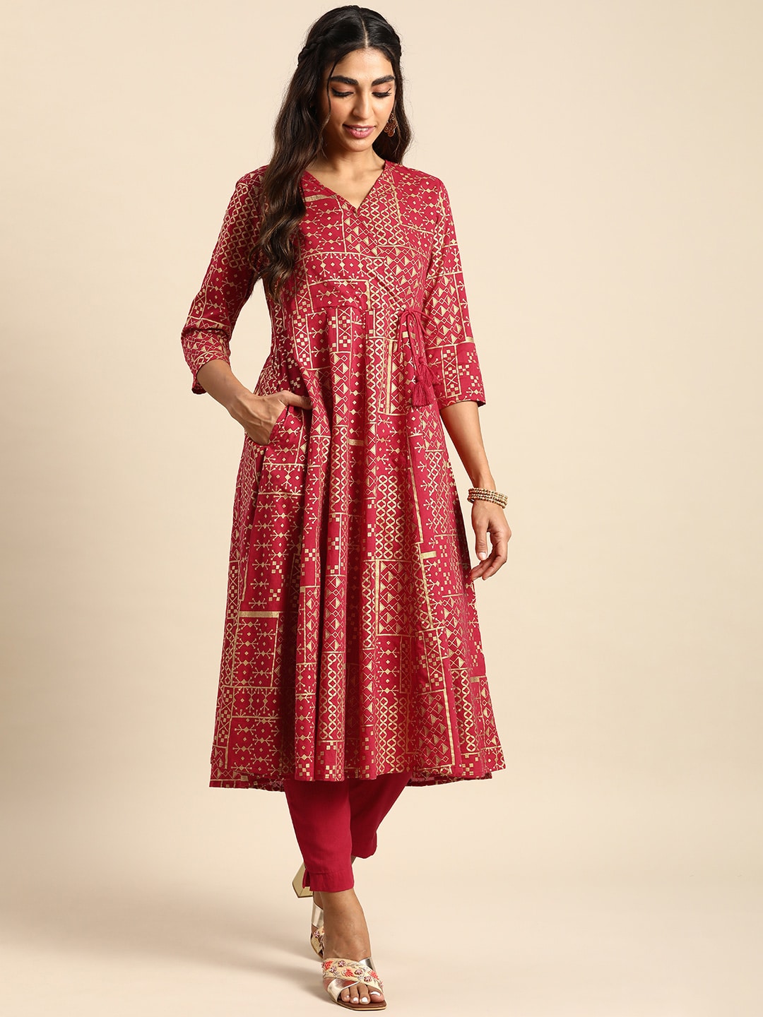 Sangria Women Ethnic Motifs Printed Angrakha Pure Cotton Kurta with Trousers | Grocsy