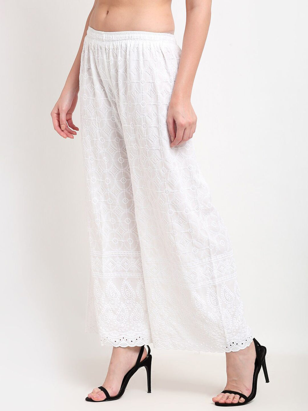 TAG 7 Women White Embroidered Flared Ethnic Palazzos | Grocsy