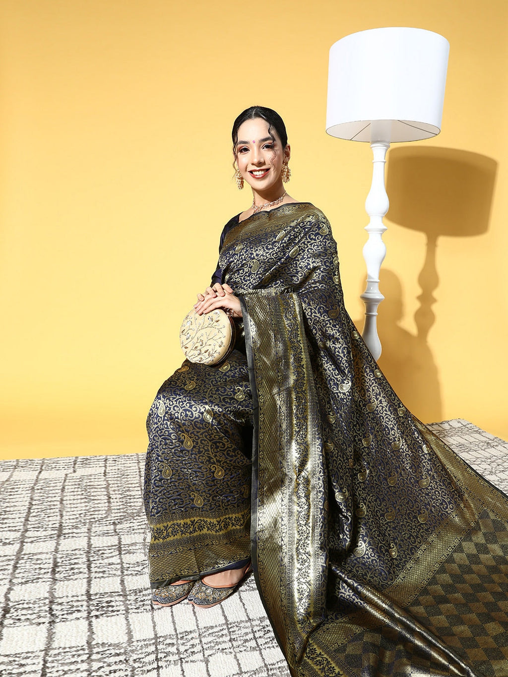 Saree Mall Navy Blue & Gold-Toned Ethnic Motifs Zari Silk Blend Banarasi Sarees | Grocsy