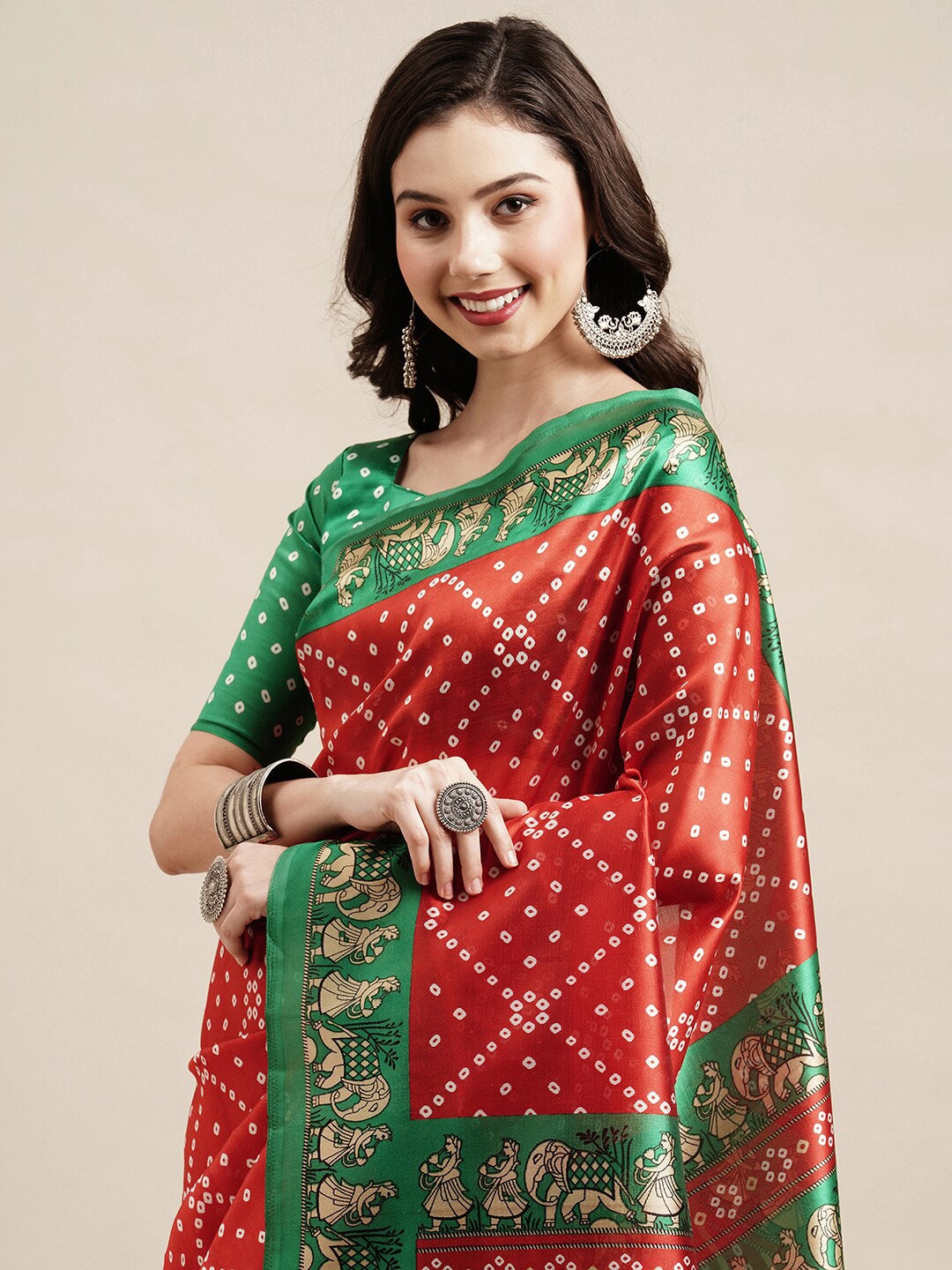 Saree Mall Red & Green Bandhani Printed Saree | Grocsy