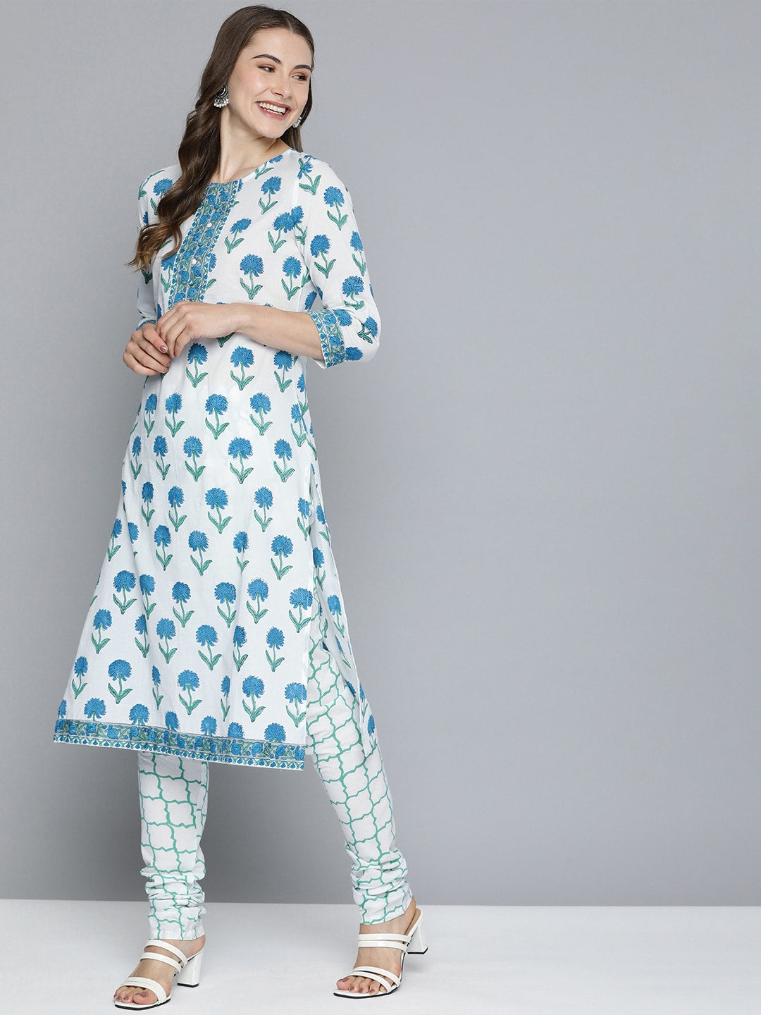 HERE&NOW Floral Printed Regular Pure Cotton Kurta with Churidar & With Dupatta | Grocsy