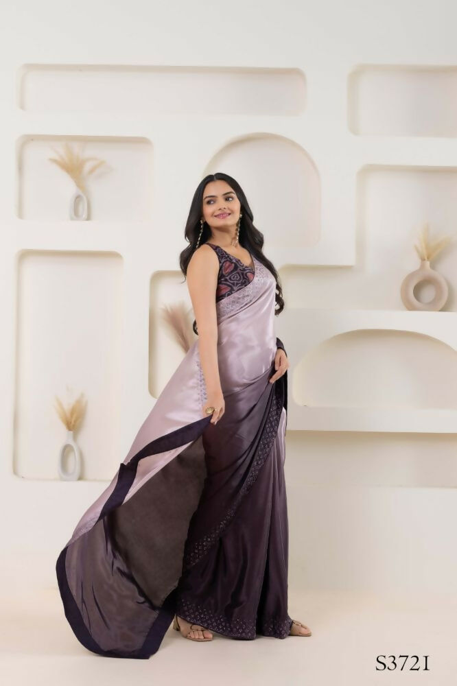 Wine Satin Pedding Designer, Printed Party Wear Ready To Wear Saree - Femina | Grocsy