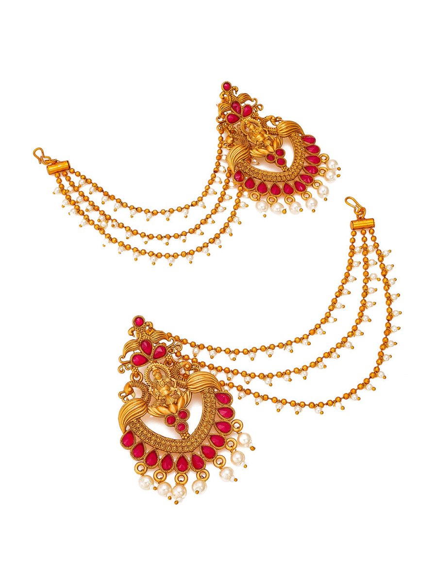 Aadita Red Gold-Toned & White Pearls Studded Contemporary Drop Earrings With Hair Chain | Grocsy