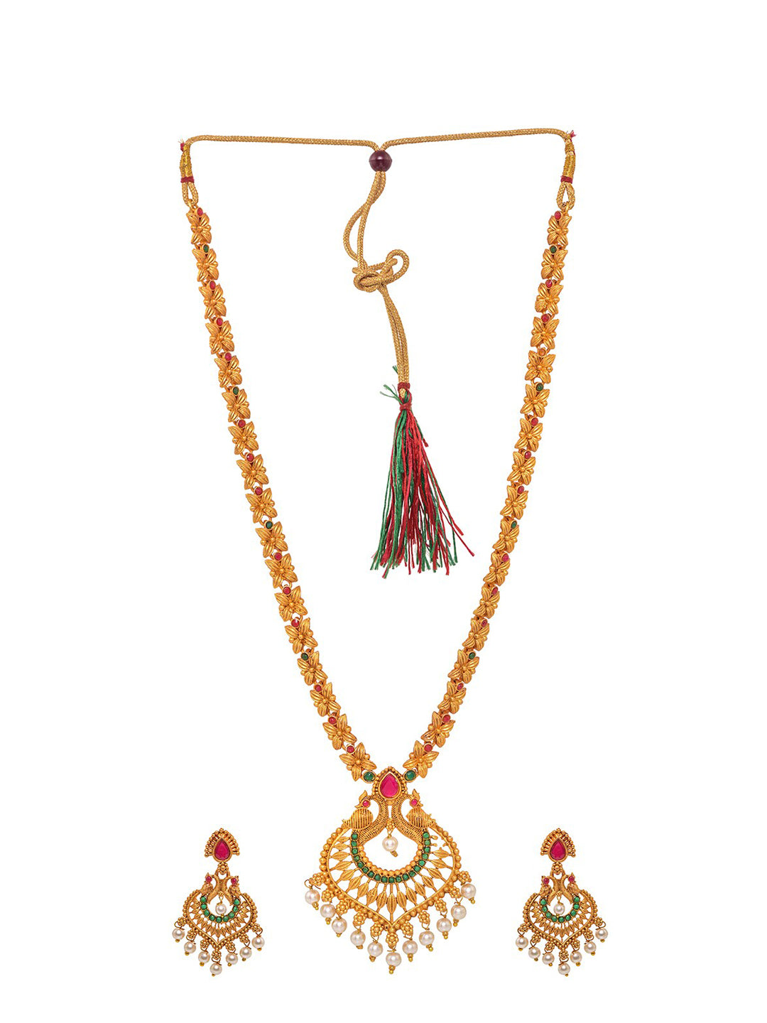 Saraf RS Jewellery Gold-Polished Red & Green Bridal Temple Jewellery Set | Grocsy