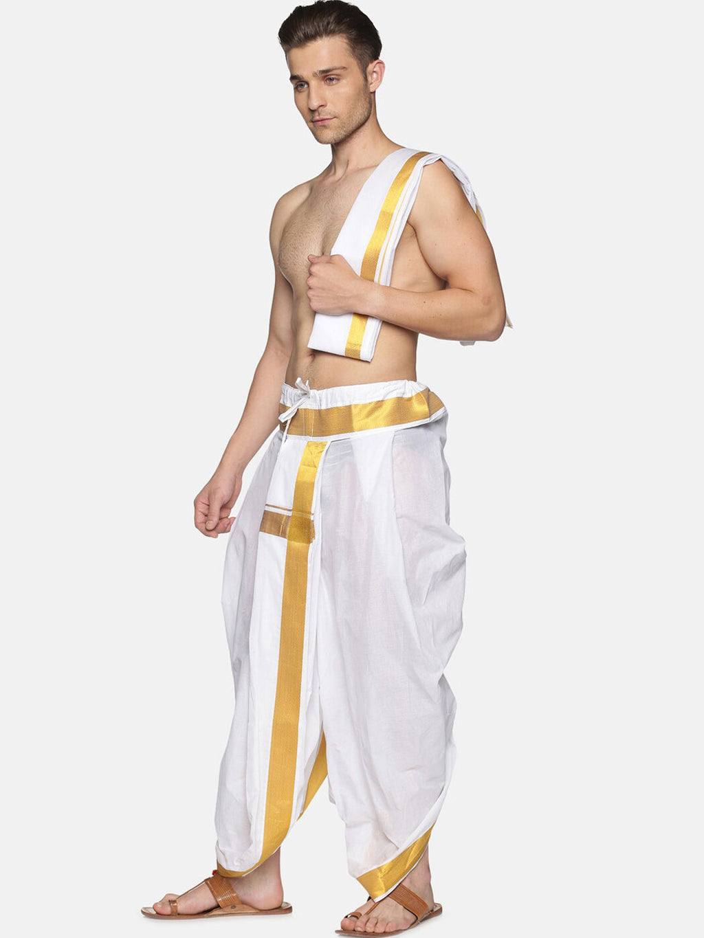 Sethukrishna Men White & Gold-Toned Solid Ready Made Dhoti Pants | Grocsy
