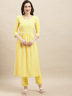 Sangria Yellow Ethnic Motifs Embroidered Chikankari A-Line Kurta | Grocsy