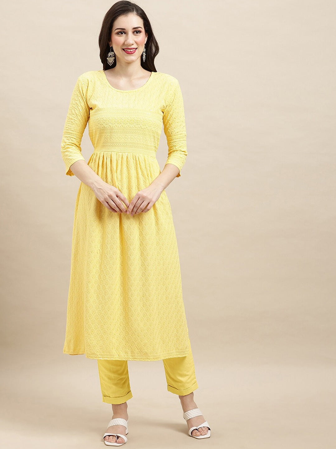 Sangria Yellow Ethnic Motifs Embroidered Chikankari A-Line Kurta | Grocsy