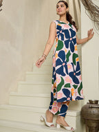 Indo Era Floral Printed V-Neck Sleeveless Pure Cotton A-Line Kurta With Trousers | Grocsy
