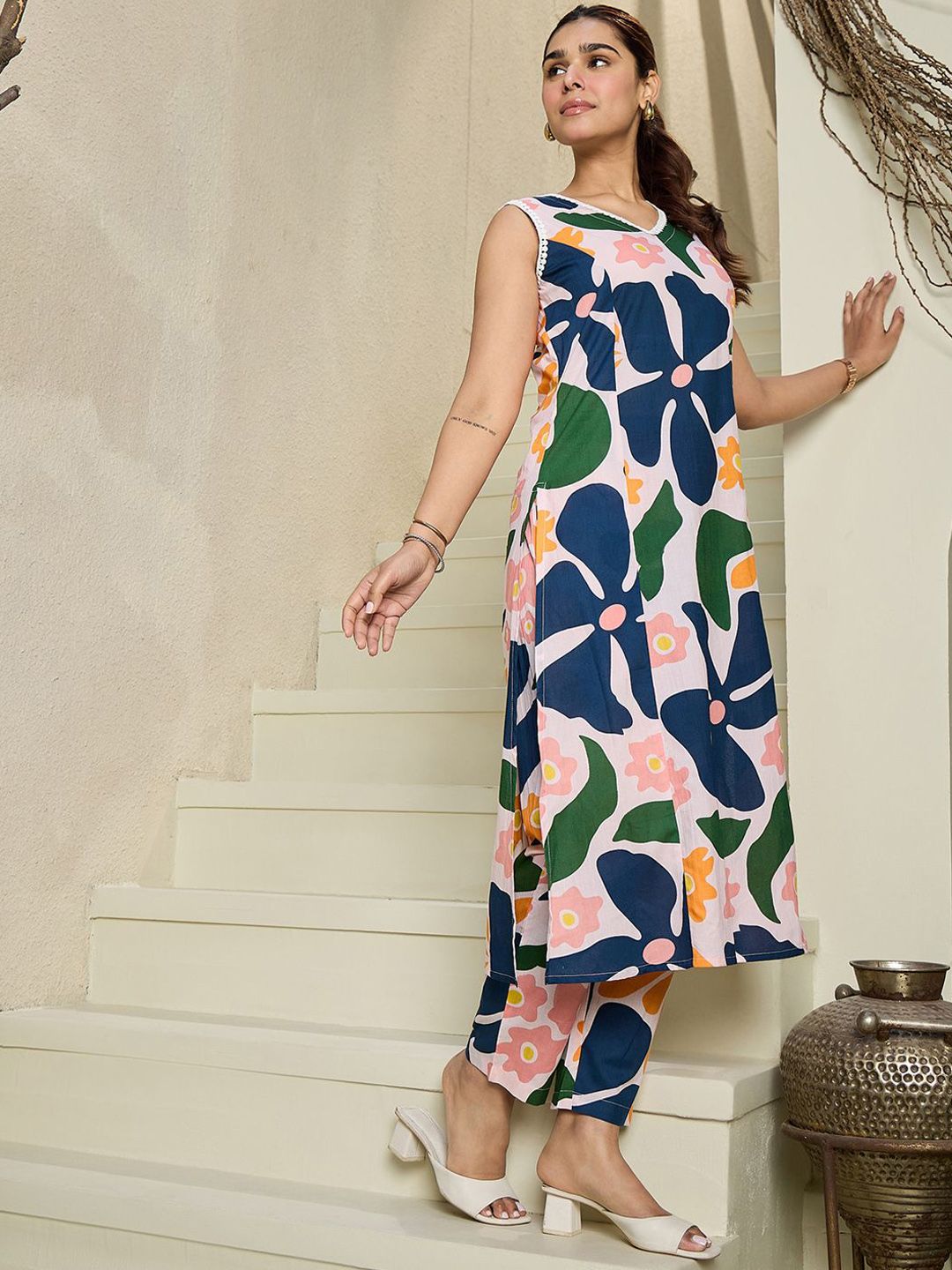 Indo Era Floral Printed V-Neck Sleeveless Pure Cotton A-Line Kurta With Trousers | Grocsy