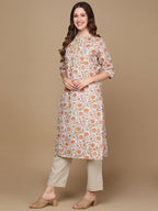HERE&NOW White & Yellow Floral Printed Sequined Cotton Kurta | Grocsy