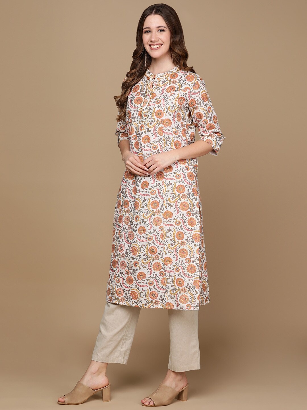 HERE&NOW White & Yellow Floral Printed Sequined Cotton Kurta | Grocsy