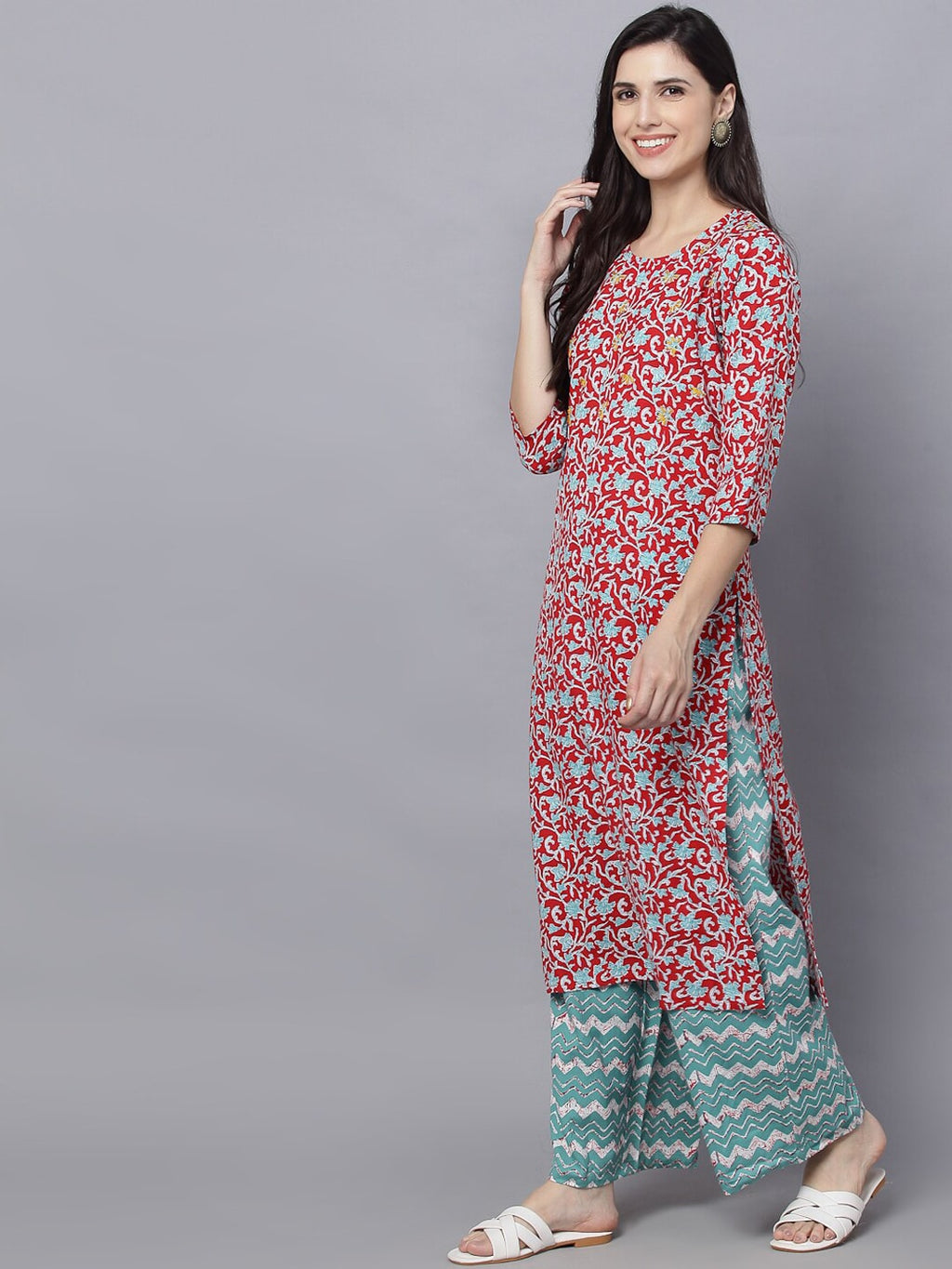 HERE&NOW Women Maroon Printed Kurta With Palazzos | Grocsy