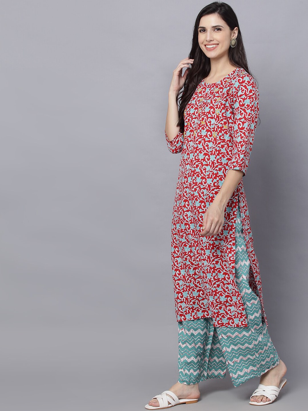 HERE&NOW Women Maroon Printed Kurta With Palazzos | Grocsy