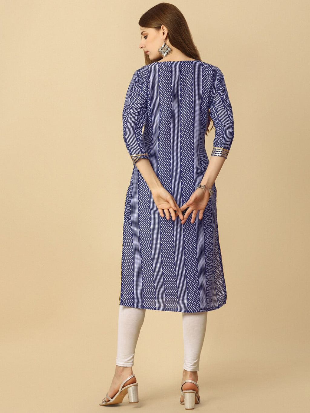 HERE&NOW Blue & White Tie-Up Neck Bandhani Printed Sequined Straight Kurta | Grocsy